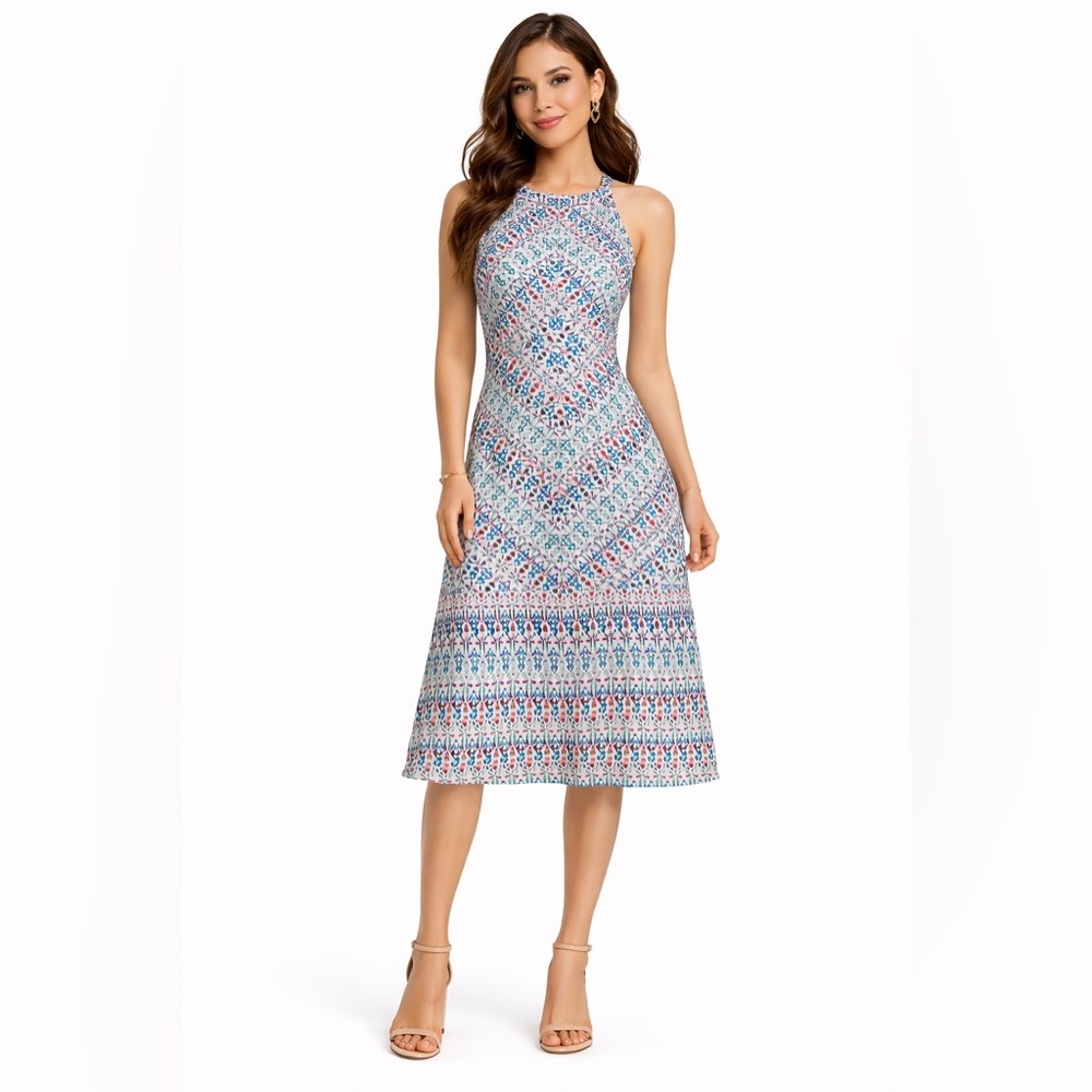 The Limited Multicolor Halter Midi Dress in White, Blue and Pink